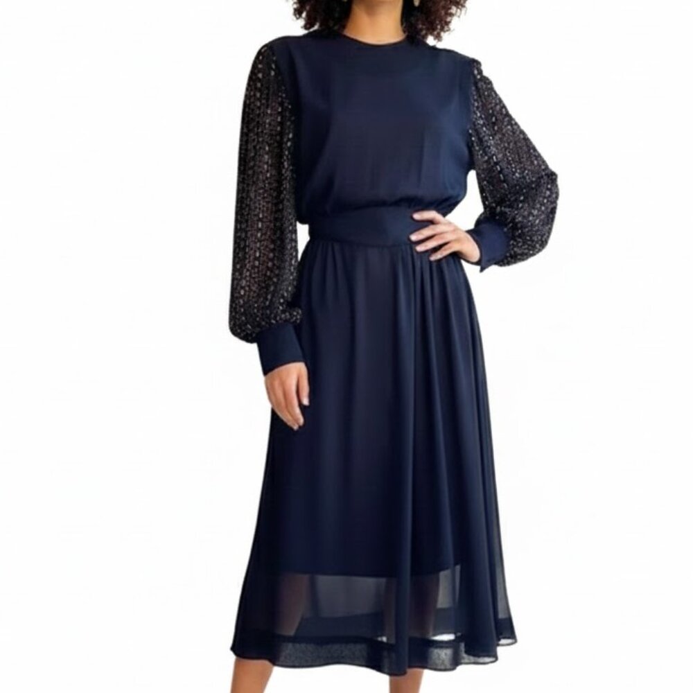 Vintage 70s 80s Black long sleeve belted midi length crepe dress Herman Marcus